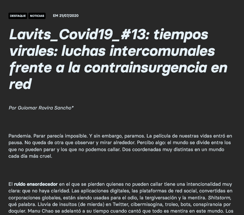 ARTÍCULO LAVITS: Tiempos virales: luchas intercomunales frente a la contrainsurgencia en red.