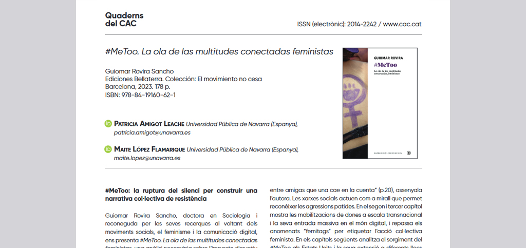 Reseña del libro #MeToo. La ola de las multitudes conectadas feministas en Quaderns CAC